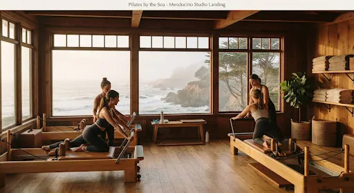 Sunlit wooden coastal studio interior looking out at Pacific waves