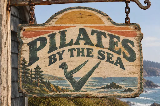 Hand-carved weathered cedar signboard for Pilates by the Sea overlooking the Mendocino coast