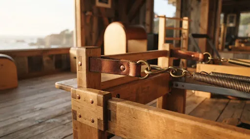 Solid timber joints and hand-stitched leather straps of classical Pilates equipment