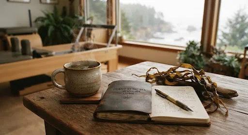 Ceramic cup of coastal herbal infusion beside leather-bound movement notes
